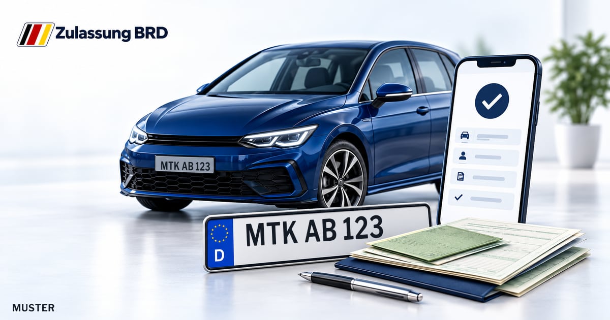 Online Fahrzeugzulassung in Liederbach am Taunus: Musterkennzeichen MTK AB 123, Auto und Fahrzeugpapiere und Smartphone. Illustration mit Logo von Zulassung BRD.